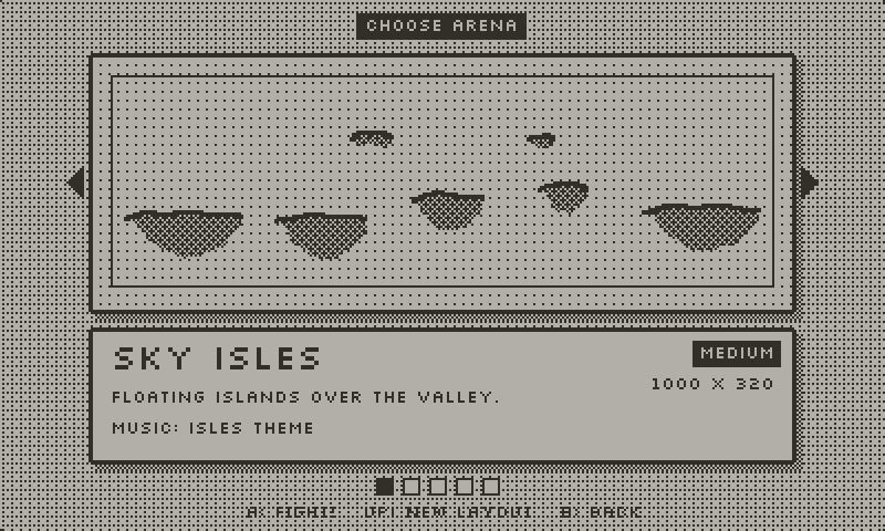 The arena screen flips through Sky Isles, Long Reach, Twin Peaks, Frost Field and Crystal Cave.